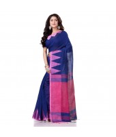 Bengali Handloom Tant Pure Cotton Saree Temple Par Desigined With Blouse Piece (Blue Pink)