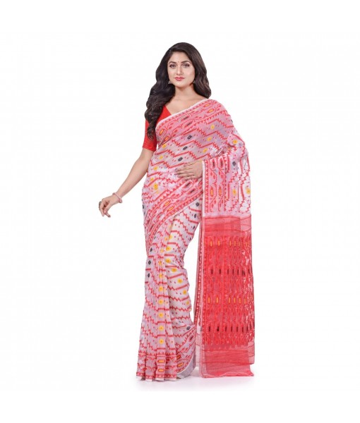 Nakshakata Dhakai jamdani Bengal Pure Handloom Cotton Saree Whole Body Design without Blouse Piece (White Red)