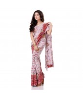  Kalamkari Printed Handloom Cotton Saree Border Tassels Without Blouse Piece (white red)