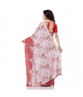  Kalamkari Printed Handloom Cotton Saree Border Tassels Without Blouse Piece (white red)