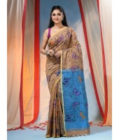 Cotton Blend Butterfly Print Half half Design Handloom Sarees with Blouse Piece (Khaki Blue)