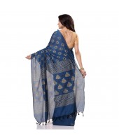 Bengal Tant Abhrak Work Design Soft Pure Handloom Cotton Saree With Blouse Piece (Prussion Blue)