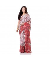  Women`s Traditional Bengal Soft Kalamkari Printed Handloom Cotton Saree Border Tassels Without Blouse Piece White Red