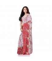  Women`s Traditional Bengal Soft Kalamkari Printed Handloom Cotton Saree Border Tassels Without Blouse Piece White Red