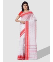 Women`s Santipur Handloom Bengal Tant Saree with Fine Smooth Bengali Cotton Saree Handmade Whole Body Design (Red and White)