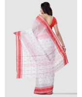 Women`s Santipur Handloom Bengal Tant Saree with Fine Smooth Bengali Cotton Saree Handmade Whole Body Design (Red and White)