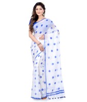 Women`s Traditional Hand Woven Malmal Bengal Handloom Pure Cotton Saree Without Blouse Piece (Blue White)