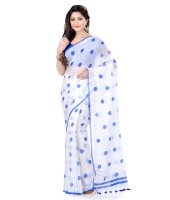 Women`s Traditional Hand Woven Malmal Bengal Handloom Pure Cotton Saree Without Blouse Piece (Blue White)