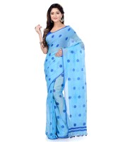 Women`s Traditional Hand Woven Malmal Bengal Handloom Pure Cotton Saree Without Blouse Piece (Sky Blue Deep Blue)
