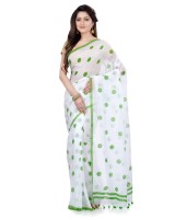 Women`s Traditional Hand Woven Malmal Bengal Handloom Pure Cotton Saree Without Blouse Piece (Green White)