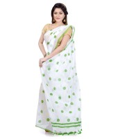 Women`s Traditional Hand Woven Malmal Bengal Handloom Pure Cotton Saree Without Blouse Piece (Green White)