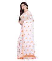 Women`s Traditional Hand Woven Malmal Bengal Handloom Pure Cotton Saree Without Blouse Piece (Orange White)