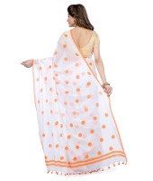 Women`s Traditional Hand Woven Malmal Bengal Handloom Pure Cotton Saree Without Blouse Piece (Orange White)