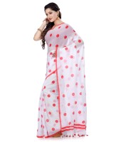 Women`s Traditional Hand Woven Malmal Bengal Handloom Pure Cotton Saree Without Blouse Piece (Red White)