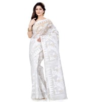 Traditional Bengal Handloom White Resham Dhakai Jamdani Cotton Saree Whole Body Design