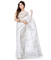 Traditional Bengal Handloom White Resham Dhakai Jamdani Cotton Saree Whole Body Design