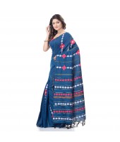 DESH BIDESH Women`s Bengali Khesh Pure Cotton Handloom Saree Diamond Designed With Blouse Piece(Prussian Blue)