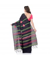 DESH BIDESH Women`s Bengali Khesh Pure Cotton Handloom Saree Diamond Designed With Blouse Piece(Black)