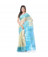 DESH BIDESH Women`s Bengal Tant Jamdani Print Design Pure Handloom Cotton Saree Without Blouse Piece (Blue)