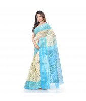 DESH BIDESH Women`s Bengal Tant Jamdani Print Design Pure Handloom Cotton Saree Without Blouse Piece (Blue)