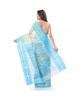 DESH BIDESH Women`s Bengal Tant Jamdani Print Design Pure Handloom Cotton Saree Without Blouse Piece (Blue)