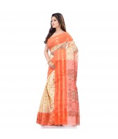 DESH BIDESH Women`s Bengal Tant Jamdani Print Design Pure Handloom Cotton Saree Without Blouse Piece (Orange)