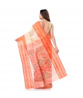 DESH BIDESH Women`s Bengal Tant Jamdani Print Design Pure Handloom Cotton Saree Without Blouse Piece (Orange)