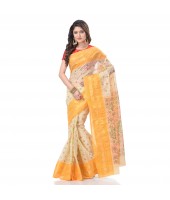 DESH BIDESH Women`s Bengal Tant Jamdani Print Design Pure Handloom Cotton Saree Without Blouse Piece (Yellow)