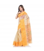 DESH BIDESH Women`s Bengal Tant Jamdani Print Design Pure Handloom Cotton Saree Without Blouse Piece (Yellow)