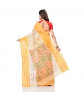 DESH BIDESH Women`s Bengal Tant Jamdani Print Design Pure Handloom Cotton Saree Without Blouse Piece (Yellow)