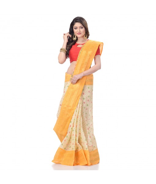 DESH BIDESH Women`s Bengal Tant Jamdani Print Design Pure Handloom Cotton Saree Without Blouse Piece (Yellow)