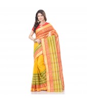 DESH BIDESH Women`s Traditional Bengal Tant Woven 3D Temple Design Pure Handloom Cotton Saree Without Blouse Piece (Yellow)