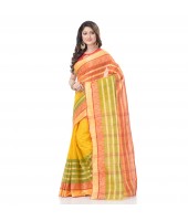 DESH BIDESH Women`s Traditional Bengal Tant Woven 3D Temple Design Pure Handloom Cotton Saree Without Blouse Piece (Yellow)