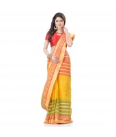 DESH BIDESH Women`s Traditional Bengal Tant Woven 3D Temple Design Pure Handloom Cotton Saree Without Blouse Piece (Yellow)