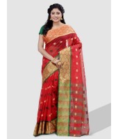 Women Ganga Jamuna Bengal Handloom Cotton Tant Saree Without Blouse Piece (DBGANGAJ1_Red_green)