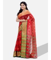 Women Ganga Jamuna Bengal Handloom Cotton Tant Saree Without Blouse Piece (DBGANGAJ1_Red_green)