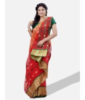 Women Ganga Jamuna Bengal Handloom Cotton Tant Saree Without Blouse Piece (DBGANGAJ1_Red_green)