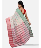 Pure Cotton – Traditional Bengali Tant Saree – Cotton and Jori Fancy Work –" Ganga Jamuna" Color Jori Work Border (Red Off-White Green)