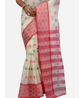 Pure Cotton – Traditional Bengali Tant Saree – Cotton and Jori Fancy Work –" Ganga Jamuna" Color Jori Work Border (Red Off-White Green)