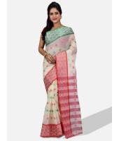 Pure Cotton – Traditional Bengali Tant Saree – Cotton and Jori Fancy Work –" Ganga Jamuna" Color Jori Work Border (Red Off-White Green)