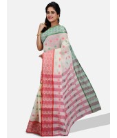 Pure Cotton – Traditional Bengali Tant Saree – Cotton and Jori Fancy Work –" Ganga Jamuna" Color Jori Work Border (Red Off-White Green)