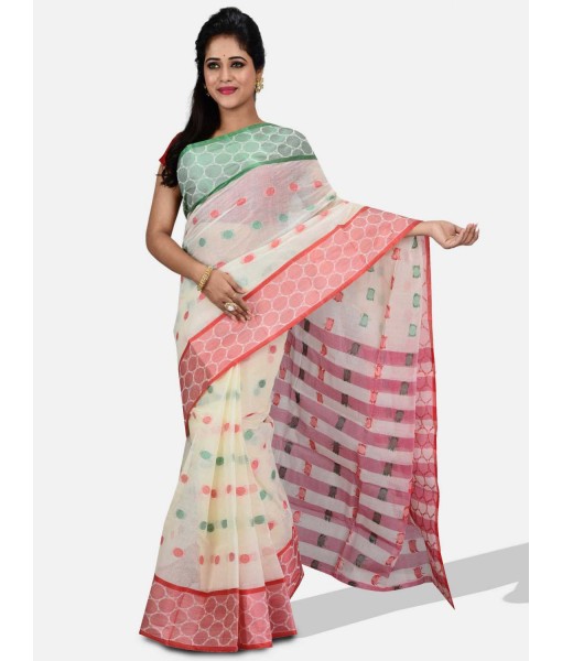Pure Cotton – Traditional Bengali Tant Saree – Cotton and Jori Fancy Work –" Ganga Jamuna" Color Jori Work Border (Red Off-White Green)