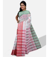 DESH BIDESH - Pure Cotton Tricolour Saree – Cotton Handloom and Jori Fancy Work –" Ganga Jamuna" Color Jori Work Border (Red White Green)