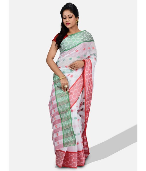 DESH BIDESH - Pure Cotton Tricolour Saree – Cotton Handloom and Jori Fancy Work –" Ganga Jamuna" Color Jori Work Border (Red White Green)