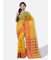 Women Ganga Jamuna Bengal Handloom Cotton Tant Saree Without Blouse Piece (DBGANGAJ5_yellow_red)