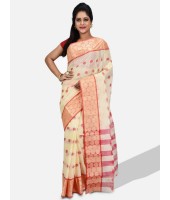 Women Ganga Jamuna Bengal Handloom Cotton Tant Saree Without Blouse Piece (DBGANGAJ1_offwhite_red)