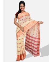 Women Ganga Jamuna Bengal Handloom Cotton Tant Saree Without Blouse Piece (DBGANGAJ1_offwhite_red)