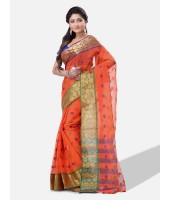 Women Ganga Jamuna Bengal Handloom Cotton Tant Saree Without Blouse Piece (DBGANGAJ6_orange_blue)