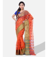 Women Ganga Jamuna Bengal Handloom Cotton Tant Saree Without Blouse Piece (DBGANGAJ6_orange_blue)