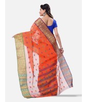 Women Ganga Jamuna Bengal Handloom Cotton Tant Saree Without Blouse Piece (DBGANGAJ6_orange_blue)